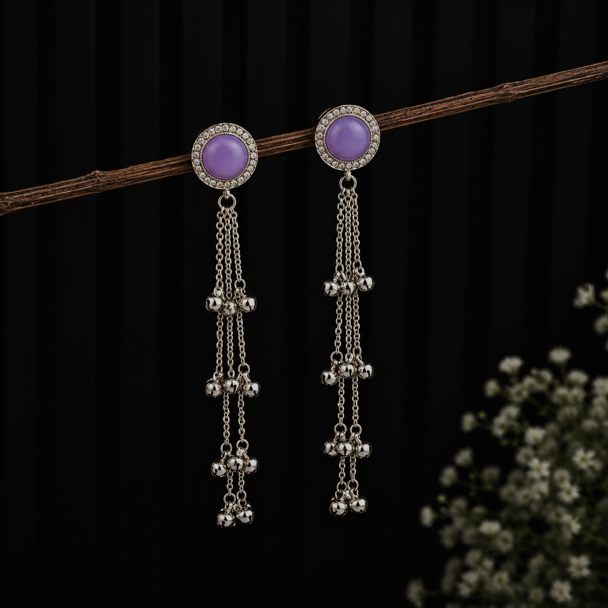 Traditional Kashmiri Lavender Stone Ghunghroo Drop Earrings