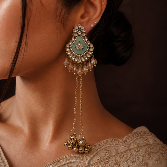 Kashmiri Mint Green Statement Ghunghroo Earrings